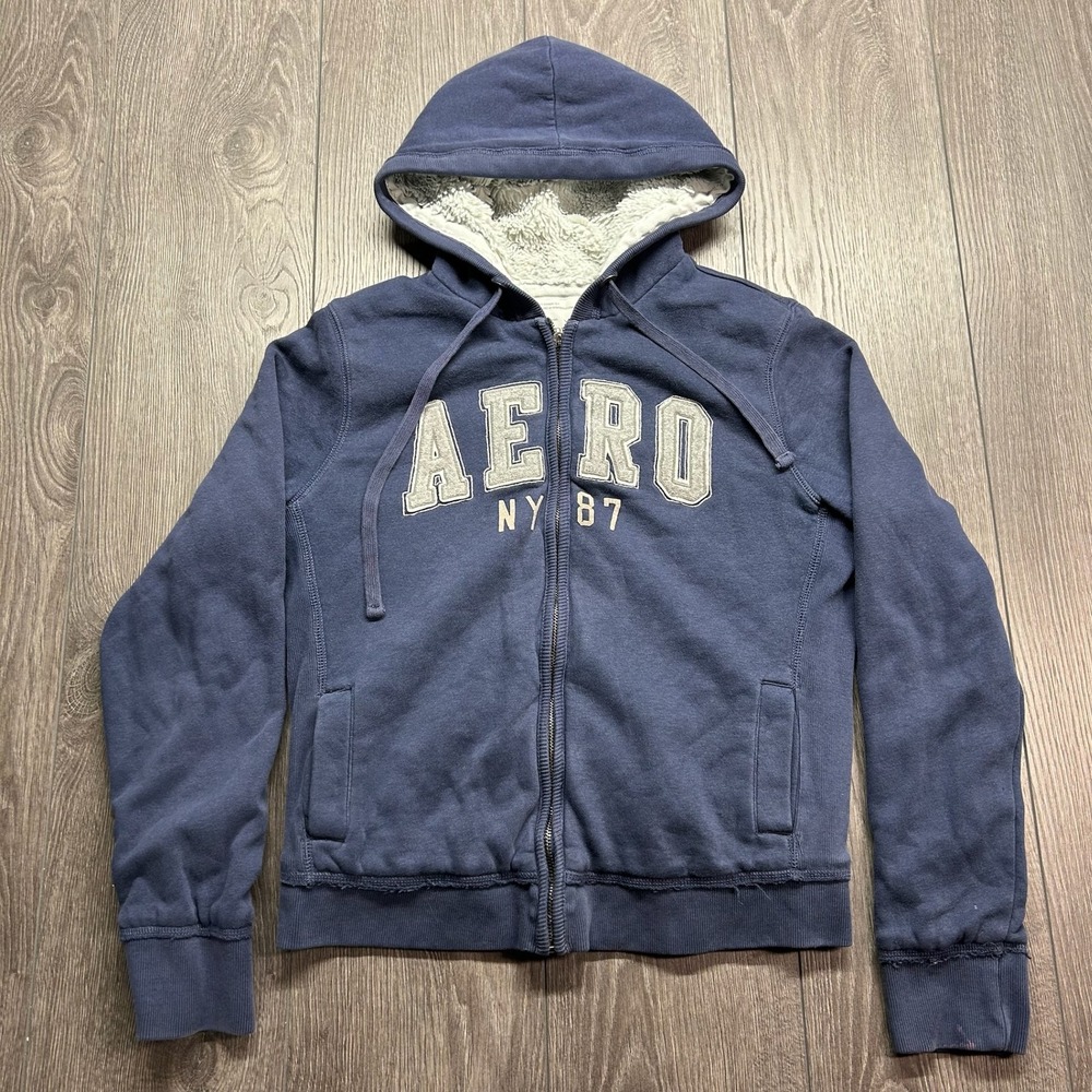 Aeropostale Womens Navy Blue Sherpa Lined Full Zip Hoodie Y2K Aero NY 87 Large
